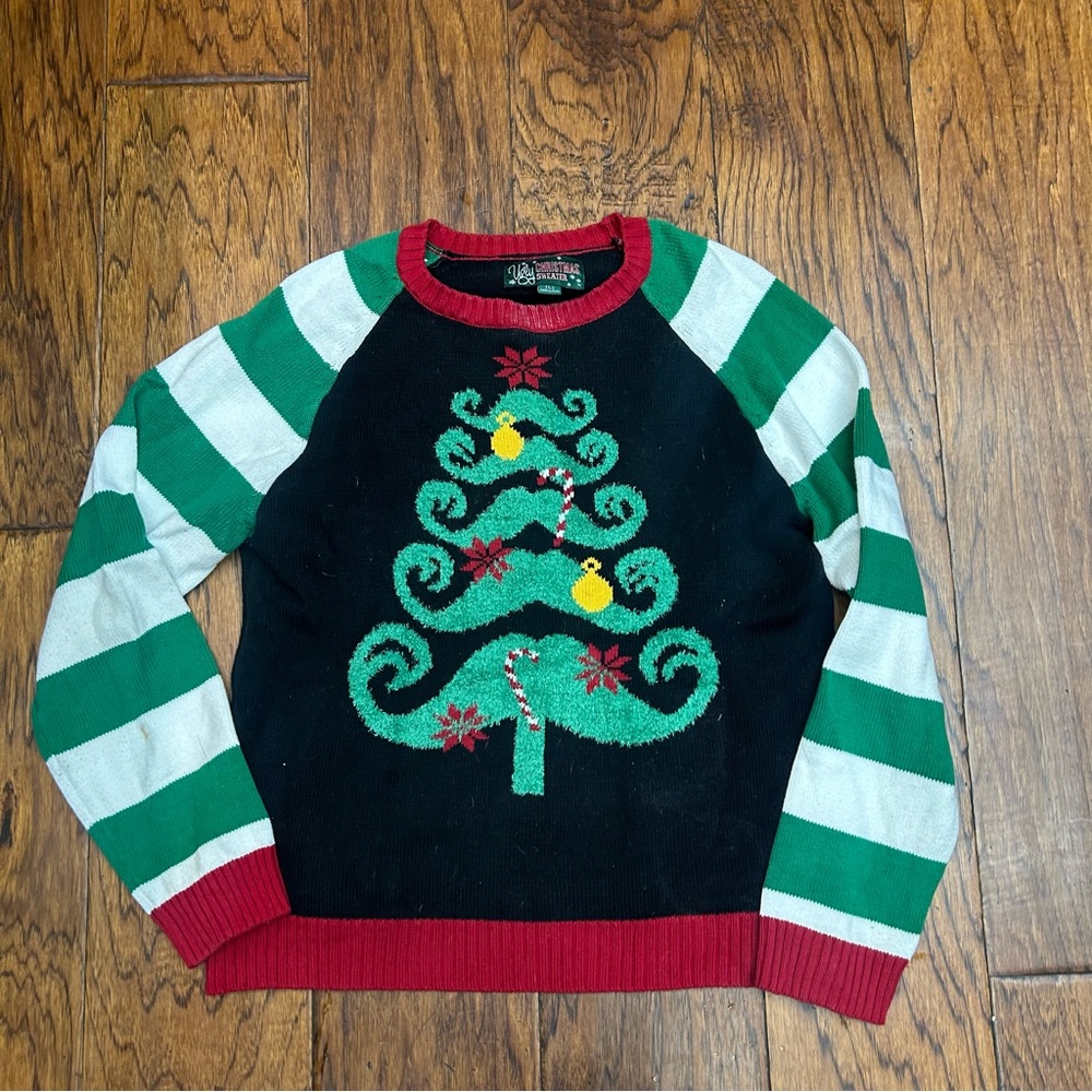 Ugly Christmas Sweater mustache Xmas tree Crewneck